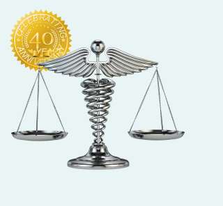 Rieback Medical-Legal Consultants 40 years badge with caduceus and scales of justice