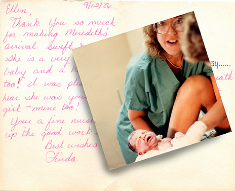 Vintage photo of Ellen Rieback as a nurse with a newborn, over a handwritten thank-you note